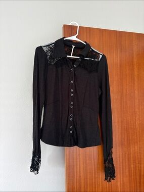Free People Black Lace Button-Down Shirt